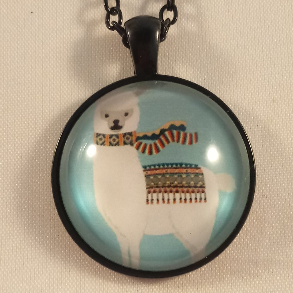 Black Pet Llama Cabochon Pendant Chain Necklace 20$